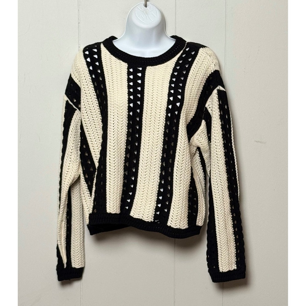 NWT And Now This Women's Crochet Stripe Sweater Black White Long Sleeve Size M